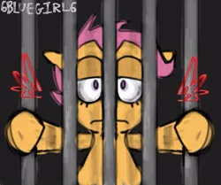 Size: 789x659 | Tagged: safe, artist:6bluegirl6, derpibooru import, scootaloo, pegasus, g4, digital art, image, jpeg, pinpoint eyes, prison, signature, solo