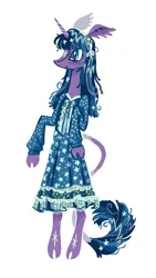 Size: 809x1438 | Tagged: safe, artist:peaceandlove26, derpibooru import, twilight sparkle, pony, semi-anthro, unicorn, g4, alternate color palette, alternate design, alternate eye color, alternate hairstyle, alternate mane color, alternate tail color, alternate tailstyle, bangs, bipedal, blue dress, blue eyes, blue mane, blue pupils, blue tail, clothes, cloven hooves, coat markings, colored pupils, dress, ear tufts, eyelashes, facial markings, frown, headband, horn, image, lanky, leg markings, leonine tail, lineless, long mane, long tail, multicolored mane, multicolored tail, png, profile, purple coat, raised hoof, raised hooves, shiny eyes, simple background, skinny, solo, standing, star (coat marking), star mark, stars, straight mane, straight tail, striped horn, tail, tall, thin, thin arms, thin legs, thin tail, turned head, unicorn horn, unicorn twilight, white background