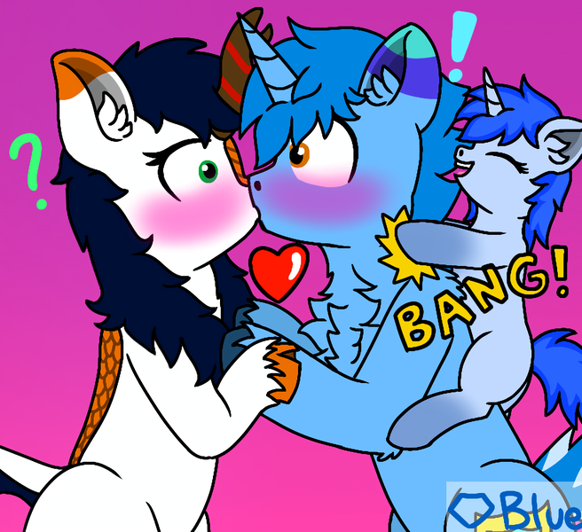 Size: 1640x1500 | Tagged: safe, artist:💎blue, derpibooru import, oc, oc:blue blanket, oc:blueshield, oc:whisper flare, unofficial characters only, kirin, pony, unicorn, blushing, chest fluff, clinging, couple, exclamation point, father and child, father and daughter, female, filly, foal, forced kiss, giggling, gradient background, heart, heart eyes, horn, image, kicking, kissing, looking at each other, looking at someone, male, mare, one eye closed, onomatopoeia, png, question mark, shrunken pupils, stallion, surprised, wingding eyes, wink