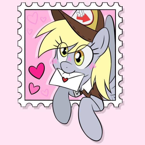 Size: 1516x1516 | Tagged: safe, artist:czscribbles, derpibooru import, derpy hooves, pegasus, pony, g4, blushing, cap, cute, derpabetes, eye clipping through hair, female, hat, heart, holiday, image, jpeg, letter, love letter, mailmare, mare, mouth hold, solo, stamp, valentine's day