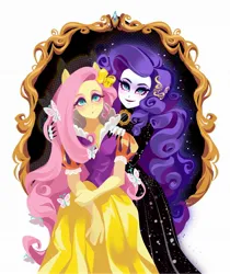 Size: 1717x2048 | Tagged: safe, artist:libbly_libby, derpibooru import, fluttershy, rarity, butterfly, human, insect, equestria girls, g4, 2d, black nail polish, bow, brooch, clothes, colored eyelashes, dress, duo, duo female, eyeshadow, female, fingernails, hair bow, image, jewelry, jpeg, lipstick, long nails, looking at you, makeup, mirror, nail polish, nails, puffy sleeves, purple eyelashes, purple lipstick, snow white