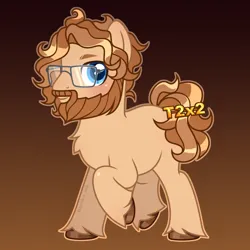 Size: 1500x1500 | Tagged: safe, artist:bazilka_ink, derpibooru import, oc, unofficial characters only, earth pony, pony, beard, blank flank, blue eyes, blushing, facial hair, full body, glasses, gradient background, image, looking at you, male, png, raised hoof, shiny hooves, signature, smiling, streamer, t2x2, text, twitch, unshorn fetlocks