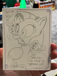 Size: 1536x2048 | Tagged: safe, artist:andy price, derpibooru import, rarity, pony, unicorn, g4, emanata, female, horn, image, jpeg, mare, no catchlights, raribitch, sketch, speech bubble, traditional art