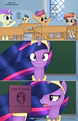 Size: 1989x3072 | Tagged: safe, artist:anonymousandrei, derpibooru import, princess celestia, princess twilight 2.0, twilight sparkle, twilight sparkle (alicorn), oc, alicorn, earth pony, pegasus, pony, unicorn, comic:rumble and the tree of harmony, princess molestia, g4, the last problem, :|, book, classroom, colt, comic, derpibooru exclusive, female, filly, foal, generation xerox, horn, image, implied pedophilia, implied rape, implied rumble, implied sex, implied thunderlane, jewelry, jpeg, male, mare, not scootaloo, offspring, older, older twilight, older twilight sparkle (alicorn), parent:rumble, parent:scootaloo, parents:rumbloo, raised hoof, random pony, regalia, sex education