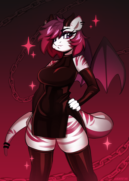 Size: 2520x3529 | Tagged: suggestive, artist:sugarstar, derpibooru import, oc, oc:spenser black, anthro, dracony, dragon, hybrid, bat wings, breasts, clothes, dress, eyeshadow, female, gloves, horns, hybrid oc, image, long gloves, makeup, png, solo, sparkles, wings