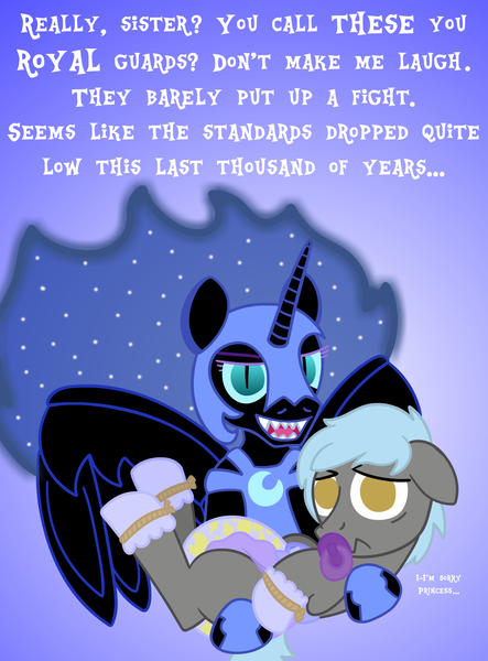 Size: 1920x2600 | Tagged: questionable, artist:snowflakepone, derpibooru import, nightmare moon, pony, g4, abdl, carrying, cradle, diaper, diaper fetish, embarrassed, evil, fetish, holding a pony, humiliation, image, night diaper, offscreen character, pacifier, png, royal guard, simple background, speech bubble, text