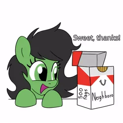 Size: 1000x1000 | Tagged: safe, artist:unitxxvii, derpibooru import, oc, oc:anonfilly, unofficial characters only, earth pony, pony, bust, cigarette, dialogue, female, filly, foal, image, jpeg, open mouth, open smile, simple background, smiling, solo, white background