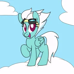 Size: 1000x1000 | Tagged: safe, artist:unitxxvii, derpibooru import, fleetfoot, pegasus, pony, g4, cloud, female, goggles, image, jpeg, mare, no pupils, on a cloud, open mouth, open smile, sky background, smiling, solo, standing on a cloud