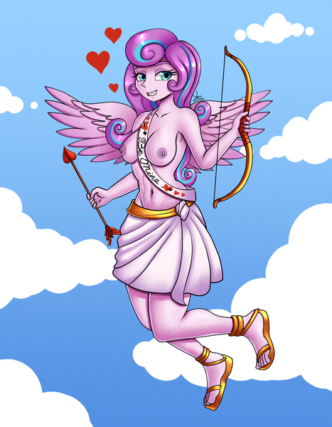 Size: 1400x1800 | Tagged: questionable, artist:zachc, derpibooru import, princess flurry heart, human, equestria girls, g4, arrow, bow (weapon), breasts, clothes, commission, cupid, equestria girls-ified, heart, heart arrow, holiday, image, nipples, nudity, partial nudity, png, smiling, solo, topless, valentine's day, valentine's day 2025, wings