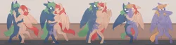 Size: 8708x2257 | Tagged: suggestive, artist:fauvfox, derpibooru import, oc, oc:emerald, oc:firefly, unofficial characters only, anthro, goo, goo pony, monster girl, original species, pegasus, slime girl, unguligrade anthro, absurd resolution, barbie doll anatomy, blushing, breasts, dripping, duo, duo female, eyebrows, eyebrows visible through hair, featureless breasts, featureless crotch, female, image, kiss on the lips, kissing, merging, pinpoint eyes, png, transformation, transformation sequence