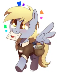 Size: 1376x1800 | Tagged: safe, artist:talimingi, derpibooru import, derpy hooves, pegasus, g4, bag, blushing, cute, daaaaaaaaaaaw, derpabetes, emanata, hatless, hearts and hooves day, holiday, image, jpeg, mailmare, missing accessory, mouth hold, saddle bag, simple background, solo, spread wings, valentine, valentine's day, white background, wings