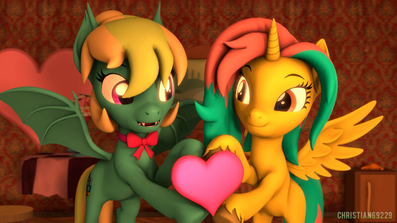 Size: 1920x1080 | Tagged: safe, artist:christian69229, ponerpics import, oc, unofficial characters only, bat pony, pony, 3d, bat pony oc, bat wings, duo, duo female, female, holiday, image, jpeg, looking at each other, mare, solo, valentine's day, wings