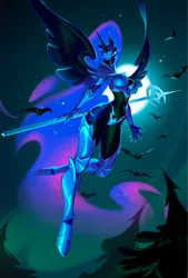 Size: 1591x2360 | Tagged: suggestive, artist:holivi, derpibooru import, edit, nightmare moon, alicorn, anthro, bat, pony, unguligrade anthro, g4, absolute cleavage, armor, axe, bottomless, braless, breasts, busty nightmare moon, cleavage, clothed female, clothes, cropped, english, english description, ethereal mane, ethereal tail, female, flying, full moon, helmet, hooves, horn, image, jewelry, long horn, long mane, long tail, mare, moon, night, night sky, no panties, no underwear, nudity, partial nudity, png, regalia, sexy, sky, solo, spread wings, stars, stupid sexy nightmare moon, tail, unconvincing armor, useless clothing, weapon, wings