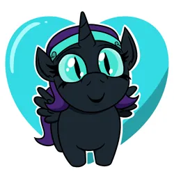 Size: 1100x1100 | Tagged: safe, artist:jargon scott, derpibooru import, oc, oc:nyx, unofficial characters only, alicorn, pony, cute, female, filly, foal, headband, heart, heart background, image, looking at you, missing accessory, no glasses, nyxabetes, nyxruary, ocbetes, png, slit pupils, smiling, smiling at you, solo, spread wings, wings