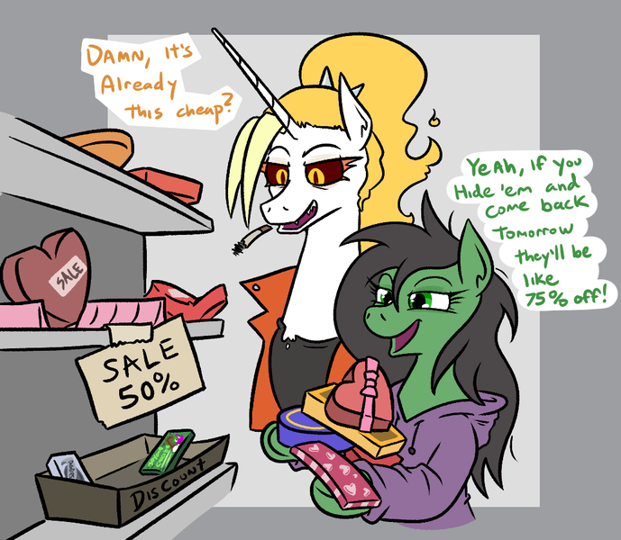 Size: 1032x899 | Tagged: safe, artist:jargon scott, derpibooru import, oc, oc:anon-mare, oc:dyx, unofficial characters only, alicorn, earth pony, pony, box of chocolates, cigarette, clothes, dialogue, duo, duo female, female, holiday, hoodie, image, mare, older, older dyx, png, sale, smoking, speech bubble, valentine's day