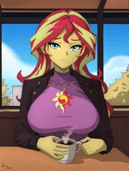 Size: 1500x2000 | Tagged: safe, artist:artesswren, derpibooru import, sunset shimmer, human, equestria girls, g4, big breasts, breasts, busty sunset shimmer, clothes, coffee, coffee mug, coffee shop, cutie mark, cutie mark on clothes, female, holding a cup, image, indoors, mug, open jacket, png, signature, sitting, smiling, solo, steam, table, window