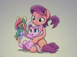 Size: 1600x1200 | Tagged: safe, artist:darkdoomer, ponerpics import, ponybooru import, diamond tiara, spoiled rich, oc, oc:silly stuffing, earth pony, pony, art pack:born to silly, cuddling, cute, diamondbetes, duo, female, image, mother and child, mother and daughter, parent and child, png