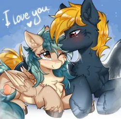 Size: 2048x2019 | Tagged: safe, artist:lunylin, derpibooru import, oc, oc:osteen, oc:peacher, unofficial characters only, pegasus, pony, blushing, cheek fluff, chest fluff, commission, duo, duo male and female, ear fluff, female, fluffy, folded wings, heart, i love you, image, jpeg, lying down, male, mare, oc x oc, one eye closed, peachsteen, pegasus oc, prone, shipping, smiling, stallion, straight, unshorn fetlocks, wings, ych result