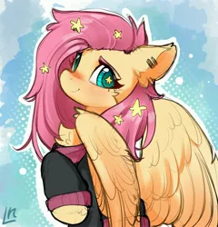 Size: 3928x4096 | Tagged: safe, artist:lunylin, derpibooru import, fluttershy, pegasus, pony, g4, blushing, cheek fluff, chest fluff, colored sketch, ear fluff, ear piercing, earring, female, image, jewelry, jpeg, mare, piercing, sketch, smiling, solo, starry eyes, wingding eyes, wings