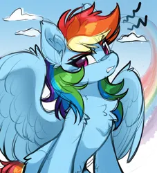 Size: 3711x4096 | Tagged: safe, artist:lunylin, derpibooru import, rainbow dash, pegasus, pony, g4, chest fluff, cloud, colored sketch, ear fluff, female, image, jpeg, mare, outdoors, sketch, sky, solo, spread wings, wings