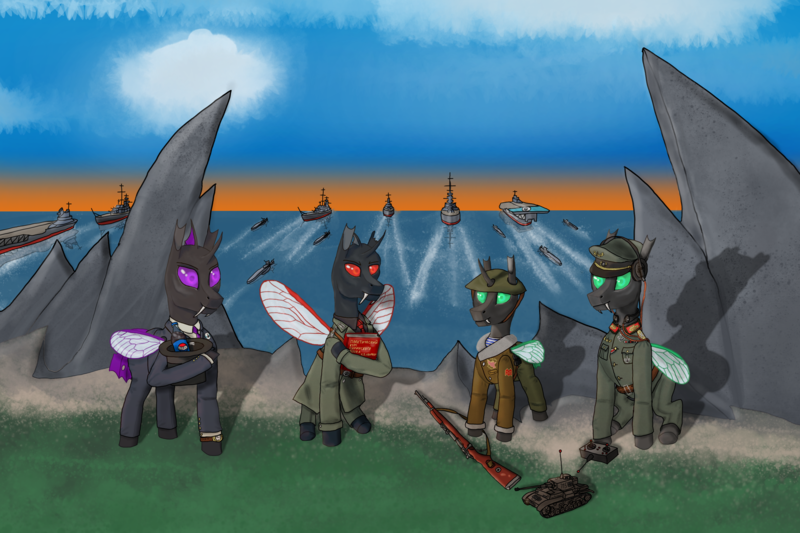 Size: 2855x1903 | Tagged: safe, artist:john_pepsi, derpibooru import, oc, oc:trimmel, changeling, equestria at war mod, changeling oc, clothes, fangs, green changeling, gun, hat, headphones, image, insignia, military uniform, navy, necktie, outdoors, png, purple changeling, red changeling, rifle, suit, trenchcoat, uniform, warship, weapon