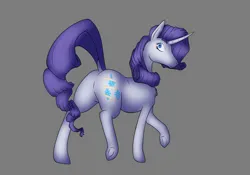 Size: 2048x1434 | Tagged: safe, artist:pegedraws, derpibooru import, rarity, pony, unicorn, g4, butt, dock, featureless crotch, female, frog (hoof), gray background, horn, image, jpeg, looking back, mare, my little pony, plot, scar, simple background, standing on two hooves, tail, underhoof, walking