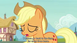 Size: 1280x720 | Tagged: safe, derpibooru import, edit, edited screencap, editor:jaredking779, screencap, applejack, earth pony, pony, g4, honest apple, season 7, caption, cowboy hat, eyes closed, female, freckles, hat, image, jpeg, mare, my little pony, open mouth, outdoors, solo, stetson, text