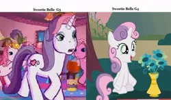 Size: 736x431 | Tagged: episode needed, safe, derpibooru import, edit, edited screencap, screencap, cheerilee (g3), pinkie pie (g3), starsong, sweetie belle, sweetie belle (g3), earth pony, pegasus, pony, unicorn, g3, g4, meet the ponies, comparison, female, filly, flower, foal, horn, image, jpeg, offscreen character, open mouth, open smile, pinkie pie's party party, sitting, smiling, solo, surprised, text, toola-roola, walking