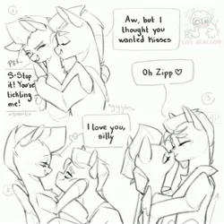 Size: 4096x4096 | Tagged: safe, artist:kaff_i, derpibooru import, part of a set, hitch trailblazer, zipp storm, earth pony, pony, g5, blushing, comic, dialogue, duo, duo male and female, female, flirting, image, jpeg, kiss on the lips, kissing, male, mare, reference to another series, ship:stormblazer, shipping, smiling, speech bubble, stallion, straight, text, tickling