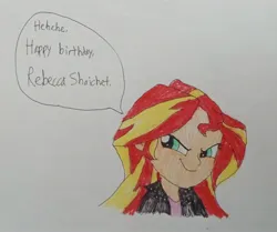 Size: 2600x2174 | Tagged: safe, anonymous artist, derpibooru import, sunset shimmer, human, equestria girls, g4, 2025, birthday, derpibooru exclusive, evil grin, female, grin, happy birthday, image, jpeg, rebecca shoichet, smiling, solo, traditional art, tribute