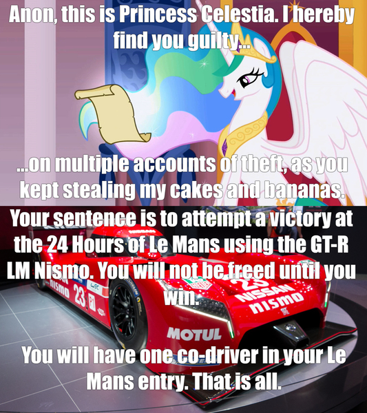 Size: 1021x1149 | Tagged: safe, derpibooru import, princess celestia, g4, 24 hours of le mans, banana, bananalestia, cake, cakelestia, car, food, image, implied filly anon, jpeg, le mans, lmp1, nissan, nissan gt-r lm nismo, prototype car, punishment, racecar, this will end in a car crash, this will end in a red flag, this will end in an accident, this will end in hell, this will end in sleep deprivation, this will not end well, world endurance championship