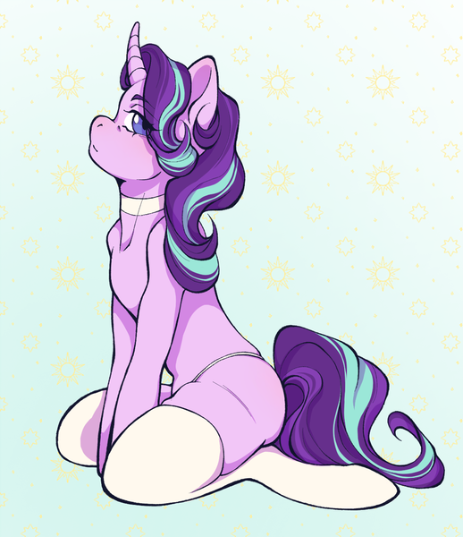 Size: 1080x1252 | Tagged: suggestive, artist:kaba4ok13_, derpibooru import, starlight glimmer, pony, unicorn, g4, choker, clothes, female, horn, image, kneeling, looking at you, mare, panties, patterned background, png, socks, solo, stockings, thigh highs, thong, underwear, white underwear