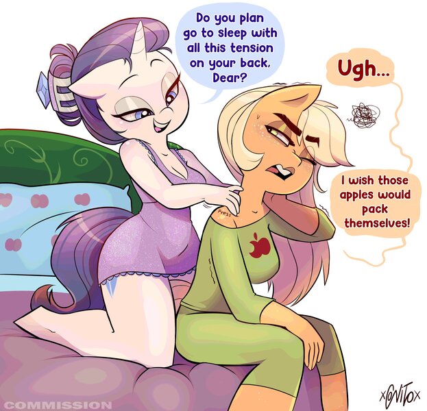 Size: 2075x2000 | Tagged: safe, artist:xconito, derpibooru import, applejack, rarity, anthro, earth pony, unguligrade anthro, unicorn, g4, alternate hairstyle, bed, blanket, breasts, clothes, commission, cute, duo, duo female, eyeshadow, female, freckles, horn, image, jackabetes, jpeg, lesbian, makeup, massage, night dress, one eye closed, open mouth, pajamas, pants, pillow, raribetes, rarijack, shipping, shirt, simple background, white background