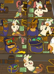 Size: 1648x2236 | Tagged: safe, artist:slywolf136, derpibooru import, capper dapperpaws, captain celaeno, abyssinian, anthro, genie, parrot pirates, g4, my little pony: the movie, barrel, comic, commission, female, floating, image, inanimate tf, kneeling, male, pirate, png, rule 63, speech bubble, text, transformation, treasure chest