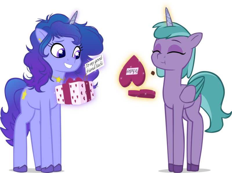 Size: 4136x3086 | Tagged: safe, artist:equestriaexploration, artist:nedemai, derpibooru import, alicorn, pony, g5, box of chocolates, female, image, magix, mare, png, present, shiny sparks, simple background, transparent background