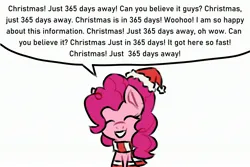 Size: 3000x2000 | Tagged: safe, artist:simpledoggo, derpibooru import, pinkie pie, earth pony, pony, g4, christmas, clothes, dialogue, female, hat, holiday, image, jpeg, mare, santa hat, scarf, simple background, socks, solo, speech bubble, white background