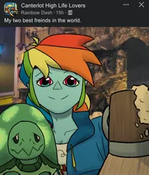 Size: 1712x2000 | Tagged: safe, artist:simpledoggo, derpibooru import, rainbow dash, tank, human, tortoise, equestria girls, g4, alcohol, beer, dashaholic, facebook, image, jpeg, meme, ponified meme, smiling