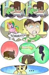 Size: 1800x2740 | Tagged: safe, artist:candyclumsy, author:bigonionbean, derpibooru import, oc, oc:candy clumsy, oc:tommy the human, alicorn, human, pony, comic:nightmare pulsar, alicorn oc, blocks, canterlot, canterlot castle, clothes, colt, comic, commissioner:bigonionbean, dialogue, foal, halloween, high res, holiday, horn, human oc, human to pony, image, magic, male, nightmare night, pants, png, shocked, shocked expression, shout, surprised, toy, transformation, wings