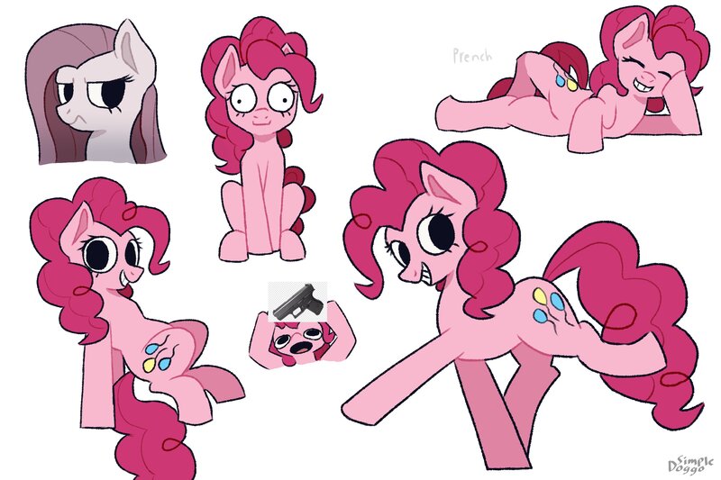 Size: 3000x2000 | Tagged: safe, artist:simpledoggo, derpibooru import, pinkie pie, earth pony, pony, g4, art dump, female, gun, handgun, image, jpeg, mare, no iris, pinkamena diane pie, pistol, simple background, smiling, solo, weapon, white background