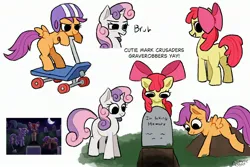 Size: 3000x2000 | Tagged: safe, artist:simpledoggo, derpibooru import, apple bloom, scootaloo, sweetie belle, earth pony, pegasus, pony, unicorn, g4, apple bloom's bow, bow, cutie mark crusaders, female, filly, foal, grave, grave robber, grave robbing, gravestone, hair bow, helmet, horn, image, jpeg, scooter, trio