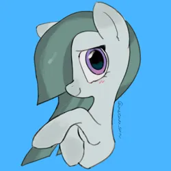 Size: 4096x4096 | Tagged: safe, artist:metaruscarlet, derpibooru import, marble pie, earth pony, pony, g4, blue background, blushing, image, looking at you, one eye covered, png, raised hoof, simple background, solo