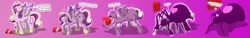 Size: 6571x1000 | Tagged: semi-grimdark, artist:tfsubmissions, derpibooru import, princess cadance, alicorn, arachnid, pony, spider, g4, accidental transformation, biting, comic, dialogue, female, feral, gradient background, heart, high res, horn loss, image, jpeg, mare, mental shift, mute, pony to spider, shrinking, solo, speech bubble, speech change, transformation, transformation sequence, unwilling transformation, wing loss