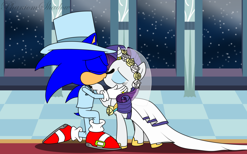 Size: 4000x2500 | Tagged: safe, artist:phantomshadow051, derpibooru import, rarity, g4, canterlot castle, clothes, crossover, crossover shipping, dress, duo, duo male and female, female, hat, image, interspecies, kissing, male, marriage, mobian, night, png, rarisonic, shipping, signature, simple background, sky, sonic the hedgehog, sonic the hedgehog (series), stars, straight, top hat, tuxedo, wedding, wedding dress, white background