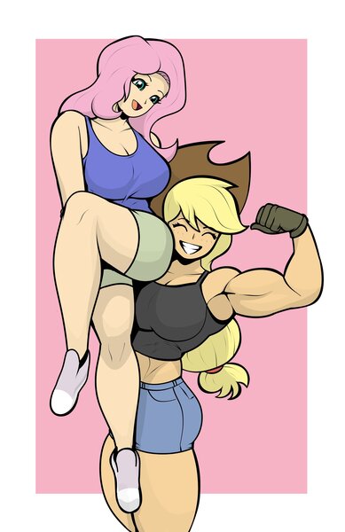 Size: 1781x2747 | Tagged: safe, artist:cyanrobo, derpibooru import, applejack, fluttershy, human, g4, abs, applejacked, bicep flex, biceps, breasts, busty applejack, busty fluttershy, carrying, clothes, duo, duo female, eyes closed, female, flexing, gloves, grin, humanized, image, jpeg, lesbian, lifting, midriff, muscles, ship:appleshy, shipping, shirt, shorts, smiling