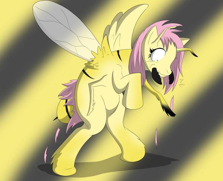 Size: 4762x3858 | Tagged: safe, artist:tfsubmissions, derpibooru import, fluttershy, bee, insect, pony, wasp, yellowjacket, g4, absurd resolution, animal costume, antennae, bee costume, body horror, clothes, costume, extra legs, flutterbee, hair loss, image, insect wings, jpeg, literal, mandibles, mid-transformation, nightmare fuel, pony to insect, solo, stinger, stripes, terrified, transformation, wings