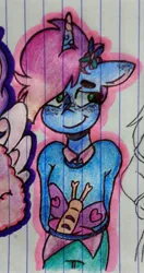 Size: 1871x3557 | Tagged: safe, artist:mindset, derpibooru import, anthro, butterfly, insect, unicorn, g5, arms behind body, clothes, colored, female, fluffy hair, freckles, frown, hair gradient, hair over one eye, hairclip, horn, image, jpeg, looking at someone, misty brightdawn, one ear down, photo, rebirth misty, smiling at someone, sweater, traditional art