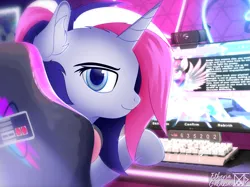 Size: 2615x1959 | Tagged: safe, artist:etheria galaxia, derpibooru import, oc, oc:cerise azumi, unofficial characters only, pony, unicorn, chair, computer, female, gamer, gamer girl, gaming chair, horn, image, indoors, keyboard, looking at you, looking back, mare, office chair, png, ponytail, sitting, solo, unicorn oc, watermark