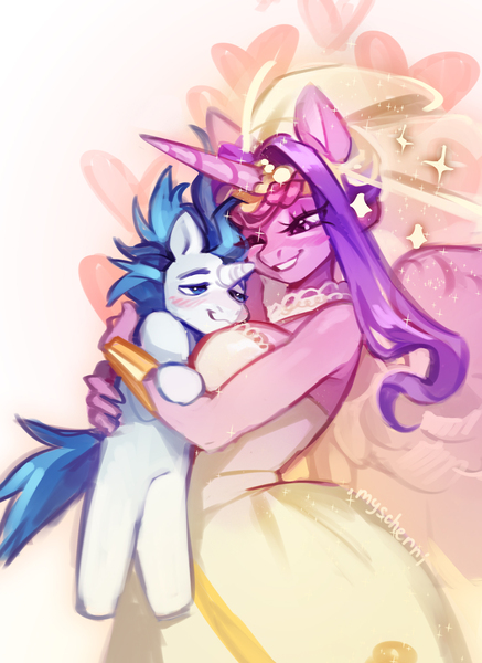 Size: 1371x1881 | Tagged: safe, artist:myscherri, derpibooru import, princess cadance, shining armor, alicorn, anthro, pony, semi-anthro, unicorn, g4, blushing, breasts, busty princess cadance, clothes, dress, duo, duo male and female, female, grin, height difference, horn, hug, image, jpeg, male, mare, meme, ship:shiningcadance, shipping, smiling, stallion, straight, the bride and the ugly ass groom, wedding dress