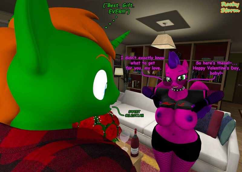 Size: 2048x1455 | Tagged: questionable, artist:rockystorm300, ponerpics import, oc, unofficial characters only, anthro, 3d, breasts, clothes, dialogue, duo, holiday, image, jpeg, looking at each other, male and female, nipples, nudity, valentine's day