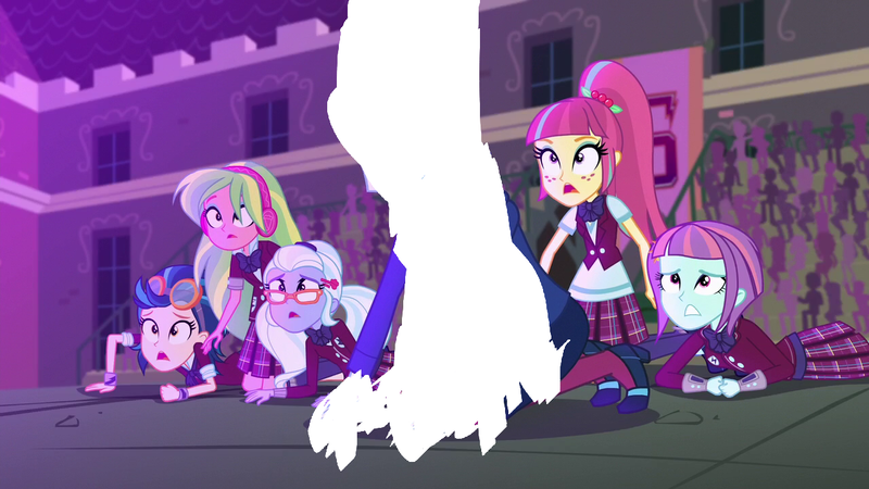 Size: 1280x720 | Tagged: safe, derpibooru import, edit, edited screencap, screencap, indigo zap, lemon zest, sour sweet, sugarcoat, sunny flare, human, equestria girls, g4, canterlot high, clothes, crystal prep academy, crystal prep academy uniform, crystal prep shadowbolts, cute, female, glasses, headphones, image, my little pony equestria girls: friendship games, open mouth, png, scared, school uniform, shadow five, shocked, uniform